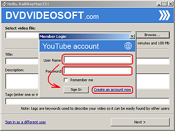 При первом запуске YouTube Uploader попросит ввести Ваш логин и пароль на YouTube